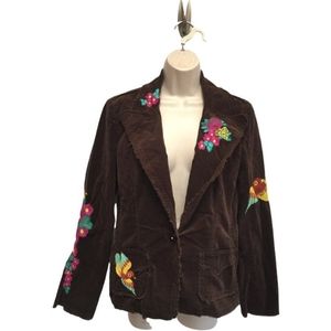 Johnny Was Brown Embroidered Floral Heart Birds Corduroy Jacket.